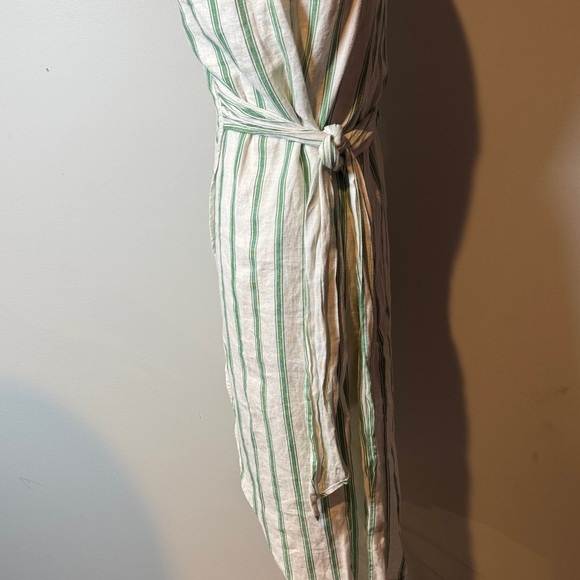 Reformation 100% linen Asymmetrical wrap Dress in Green and White Stripes - Picture 3 of 5